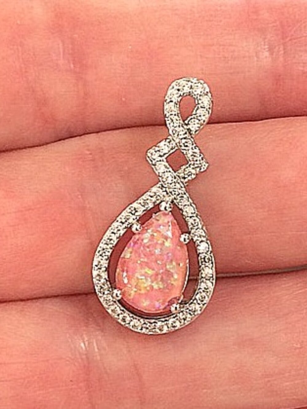 New - Pink Fire Opal With White Topaz Silver Pendant - Includes a Chain